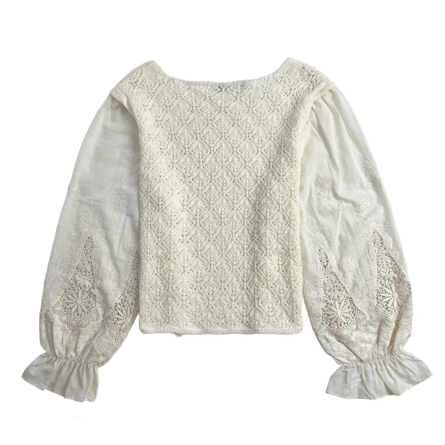 Round neck lantern sleeves hollowed out embroidered knitted sweater jacket for women