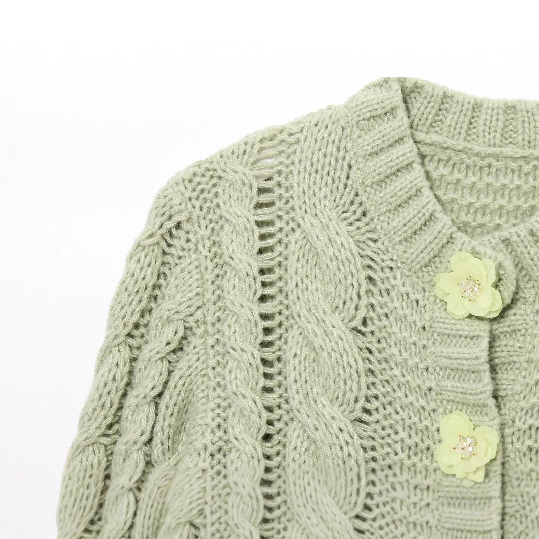 Flower button embellished knitted sweater jacket for women