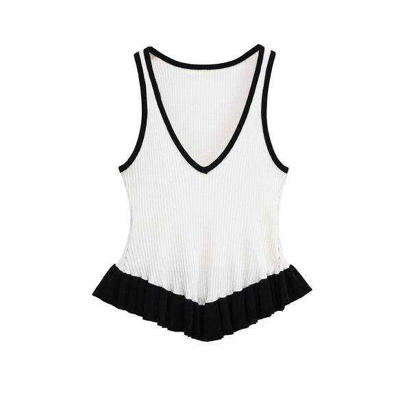 Color blocking patchwork hem knitted T-shirt top for women