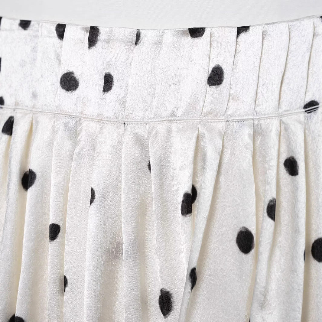 Elastic waisted silk satin textured polka dot skirt for women