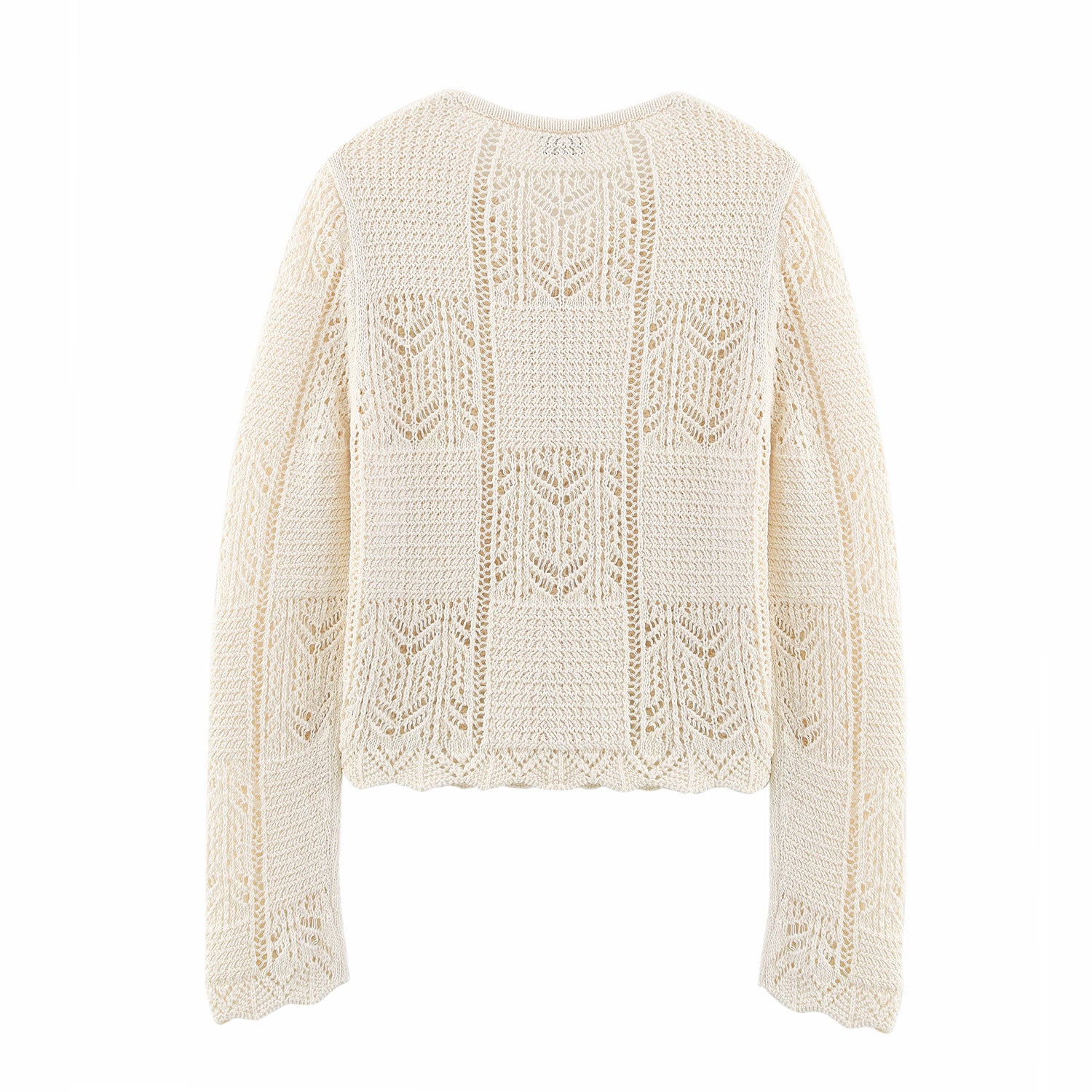 Round neck long sleeved jacquard mesh hollow knitted sweater jacket for women