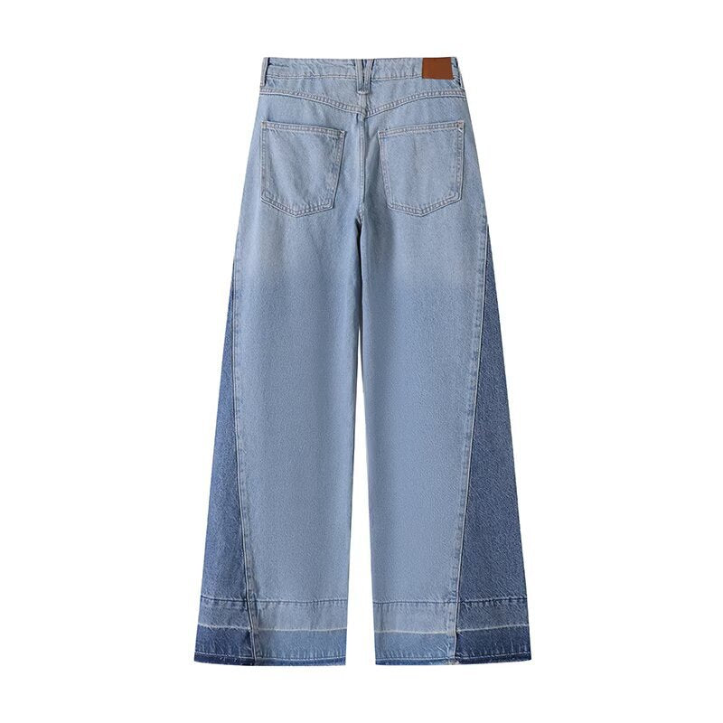 Color blocking design loose casual wide leg jeans for women