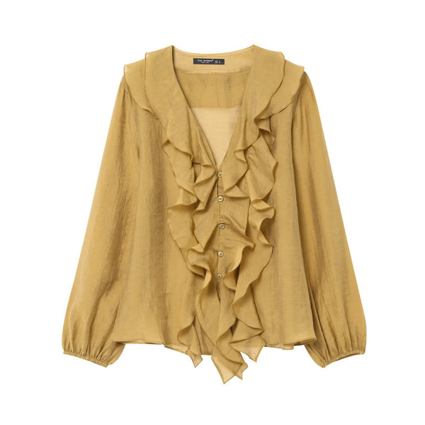 Stacked decorative long sleeved V-neck shirt top for women