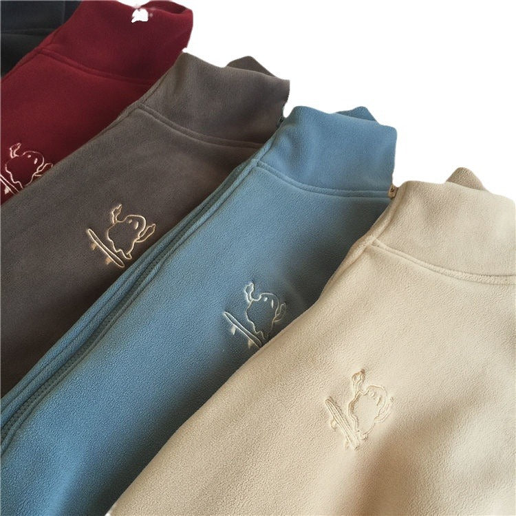 Double sided fleece jacket for women autumn and winter semi high neck zipper cardigan hoodie for women