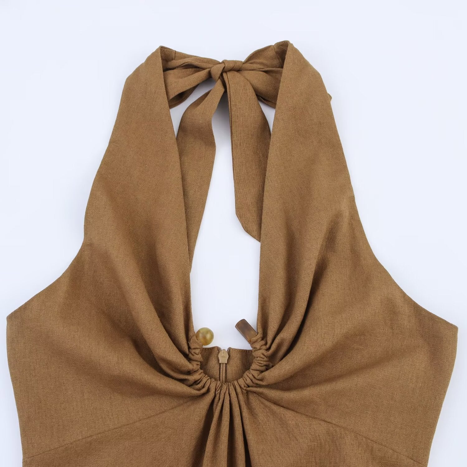 Wrinkled hollow hanging neck lace up dress for women