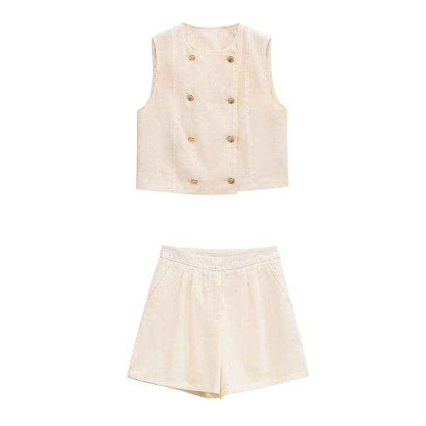 Double breasted sleeveless vest+casual shorts set for women