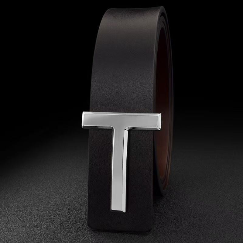 Leather belt, smooth buckle, fashionable and versatile T-buckle belt, men's 3.8CM men's belt