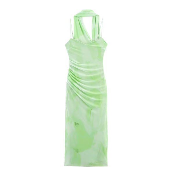 Silk mesh scarf with pleats waist cinching and neck hanging dress
