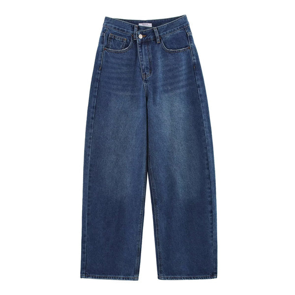 Casual double breasted mid waist loose jeans for women