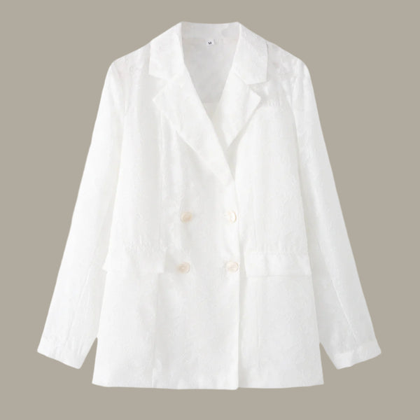 Women's European and American style lapel long sleeved double breasted semi transparent chiffon suit