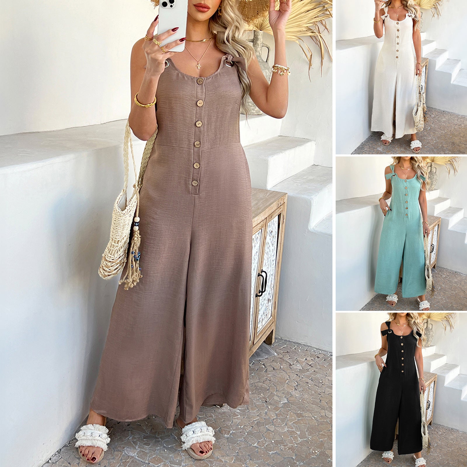 Loose vacation style cardigan wide leg jumpsuit long pants