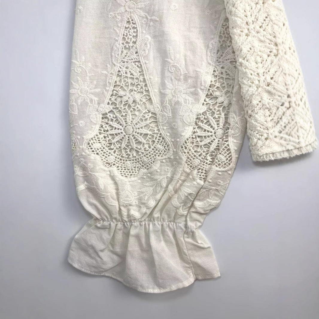 Round neck lantern sleeves hollowed out embroidered knitted sweater jacket for women