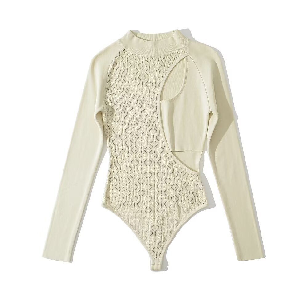 Round neck long sleeved two side hollow knitted jumpsuit/pants for women