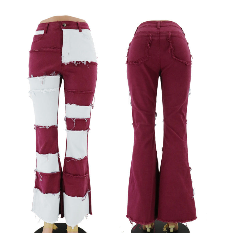 European and American autumn new fashion color blocking patchwork high waist tight hip horn women's denim pants