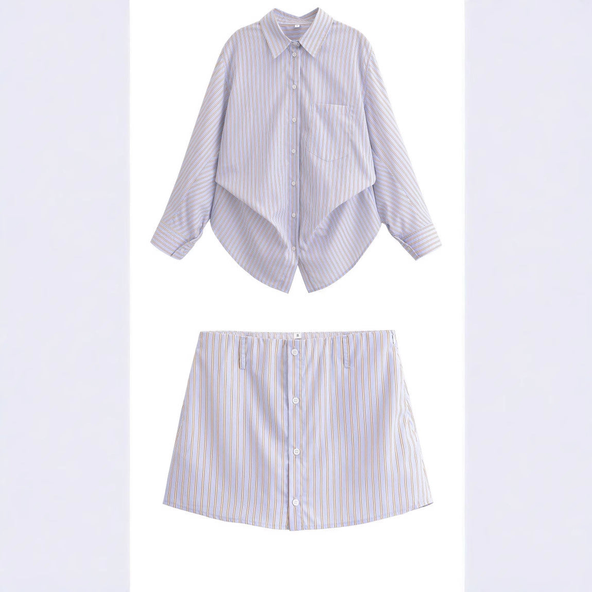 Loose silk striped shirt+short skirt set for women