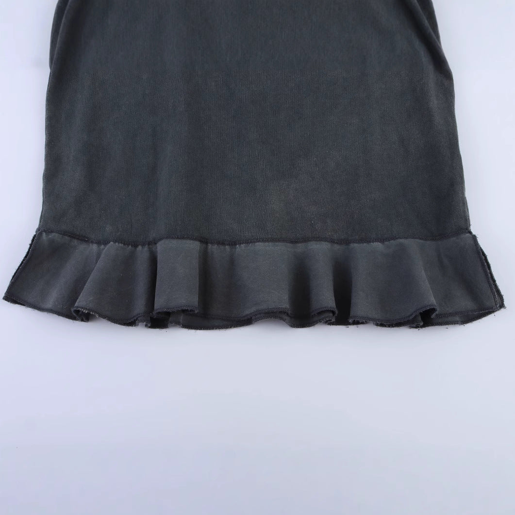 Round neck patchwork lace decoration loose T-shirt top for women