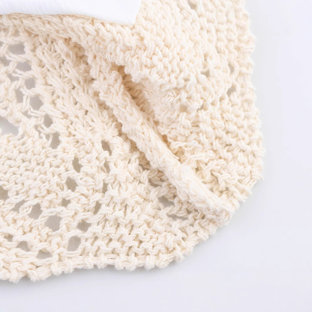 Round neck long sleeved jacquard mesh hollow knitted sweater jacket for women