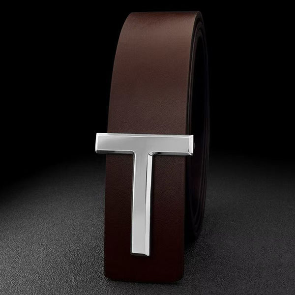 Leather belt, smooth buckle, fashionable and versatile T-buckle belt, men's 3.8CM men's belt