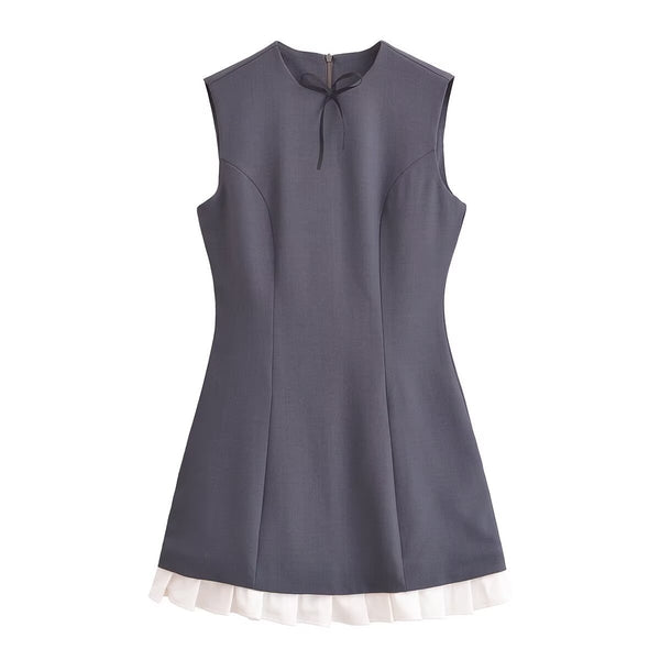Bow decoration patchwork pleated hem dress for women