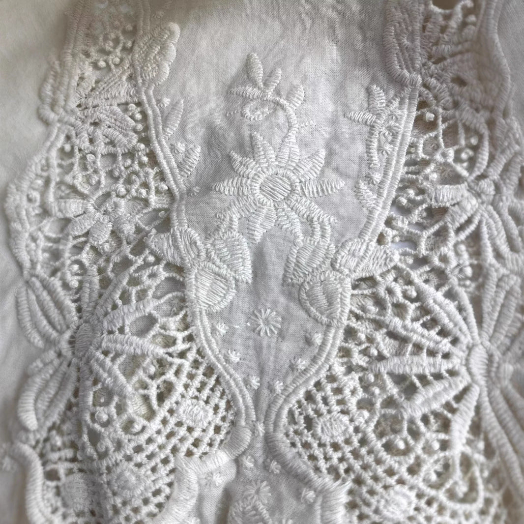 Round neck lantern sleeves hollowed out embroidered knitted sweater jacket for women