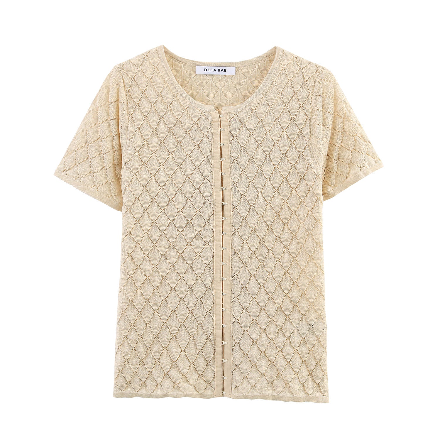 Round neck short sleeved hollow knit T-shirt top for women