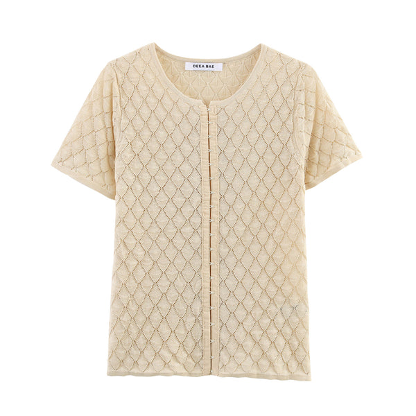 Round neck short sleeved hollow knit T-shirt top for women