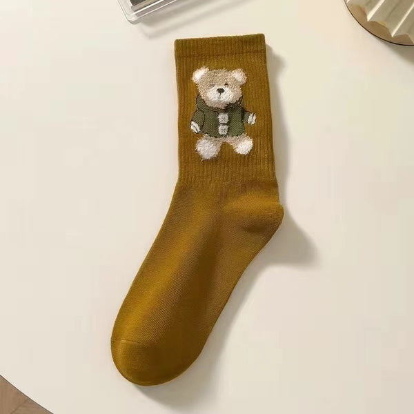 Little Bear Socks, Children's Middle Socks, Spring and Autumn Ins Trendy, Cute, Versatile, Fresh Japanese Coffee Color, Outerwear Long Socks, Autumn a