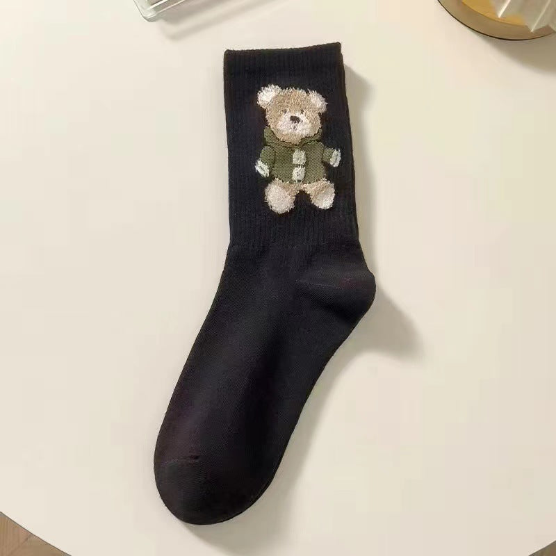 Little Bear Socks, Children's Middle Socks, Spring and Autumn Ins Trendy, Cute, Versatile, Fresh Japanese Coffee Color, Outerwear Long Socks, Autumn a