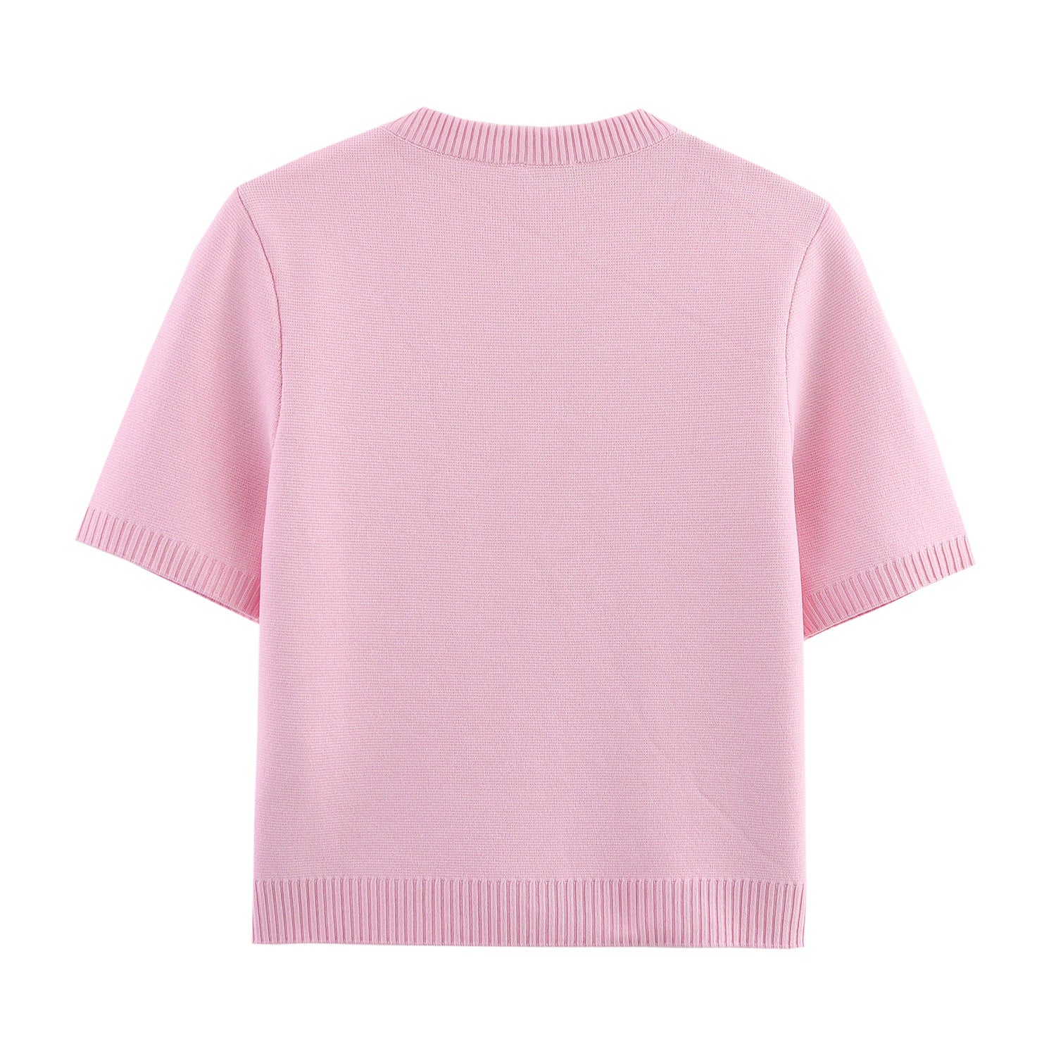 Round neck short sleeved button up knitted sweater top for women