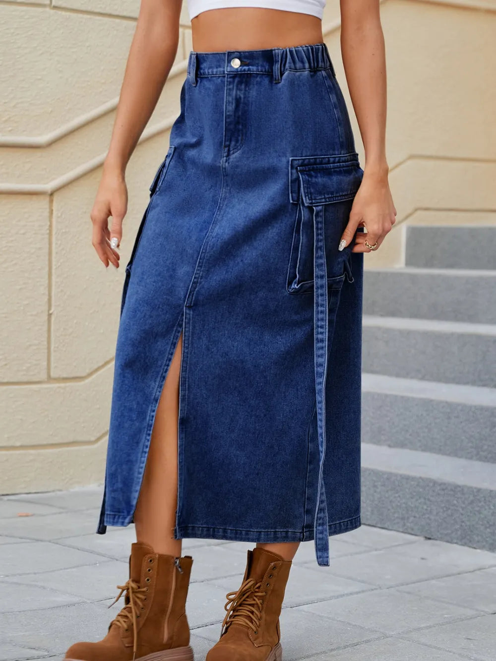 Water washed elastic waistband headband workwear half skirt trendy