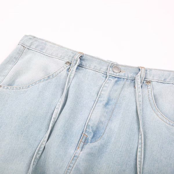Women's lace up washed wide leg long jeans