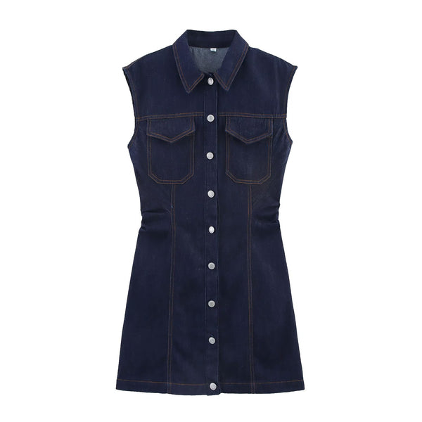 Fashionable single breasted lapel pleated Midi denim dress