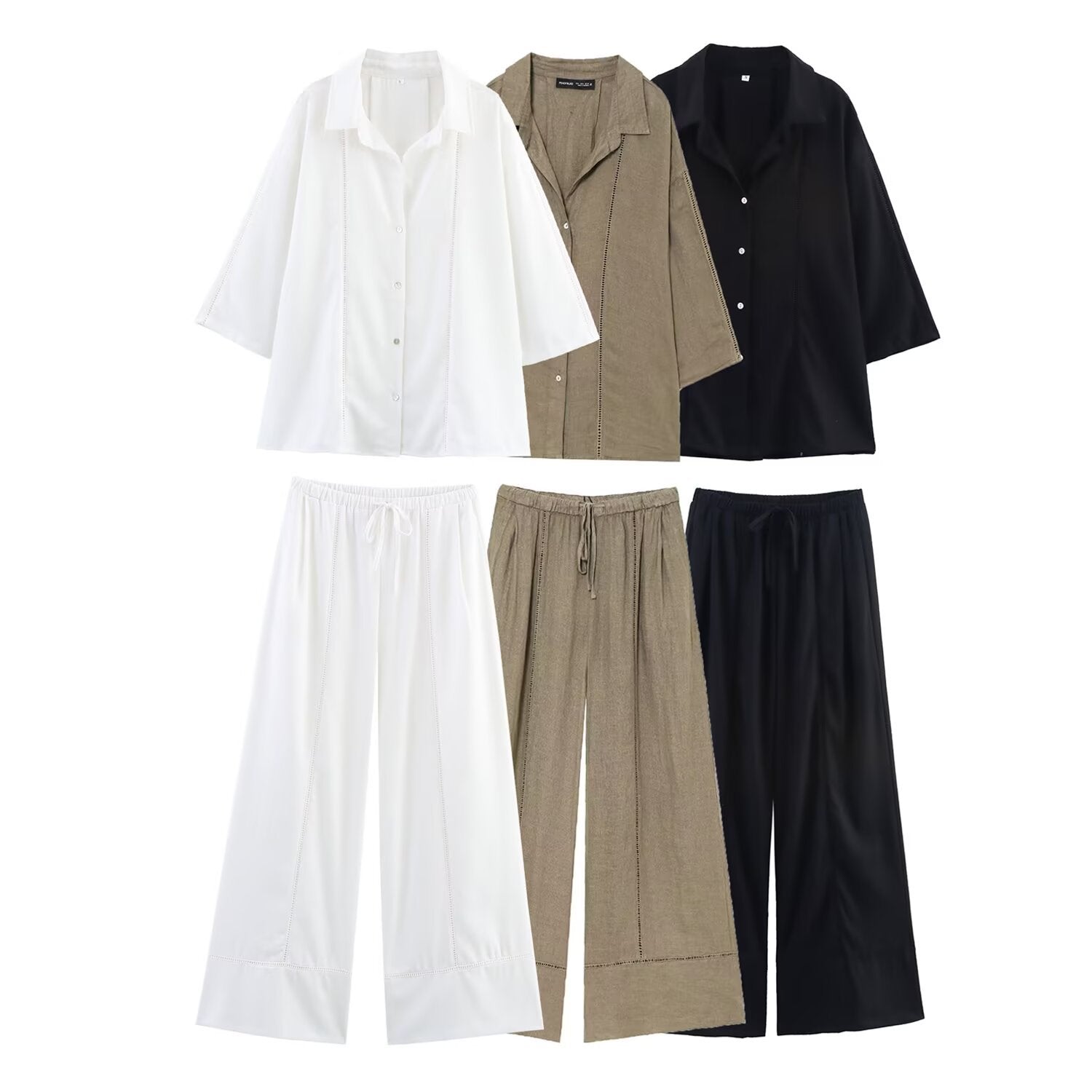 Women's European and American style long sleeved V-neck shirt+wide leg pants set