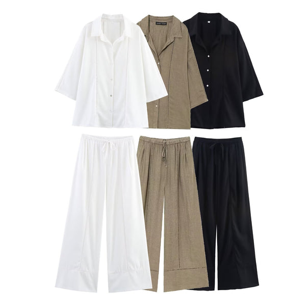 Women's European and American style long sleeved V-neck shirt+wide leg pants set