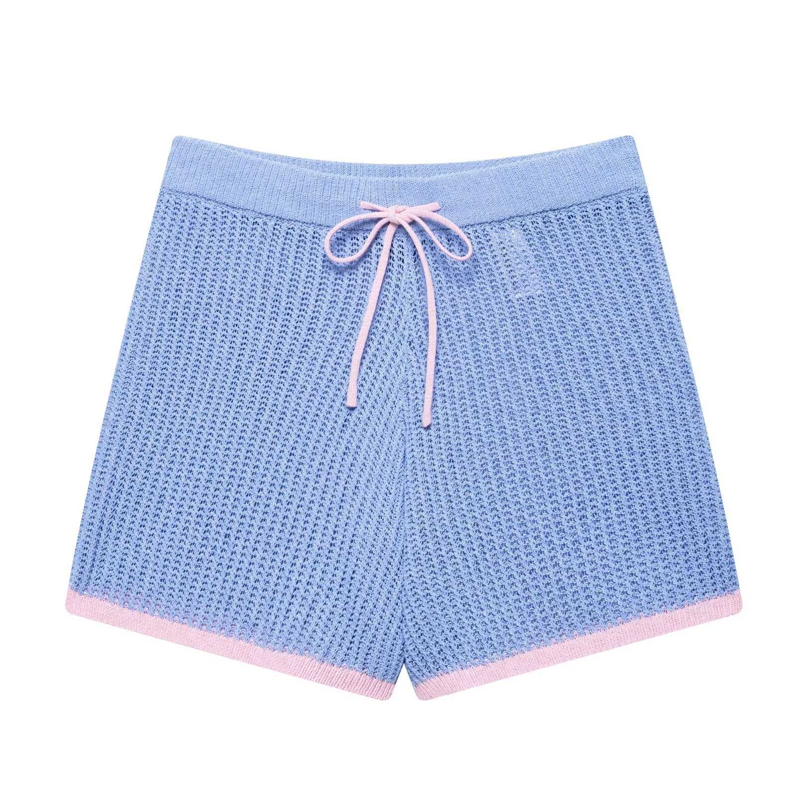 Color blocking knitted top+knitted shorts set for women