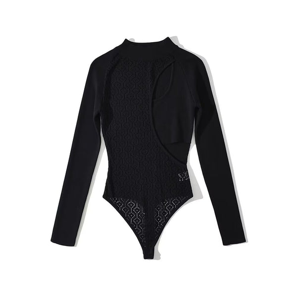 Round neck long sleeved two side hollow knitted jumpsuit/pants for women