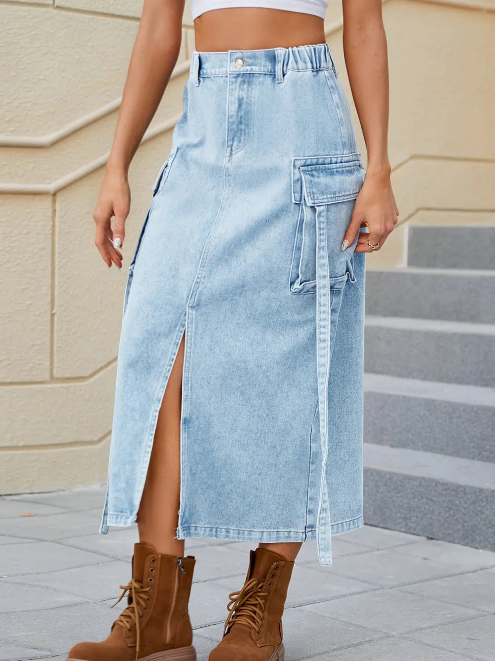 Water washed elastic waistband headband workwear half skirt trendy