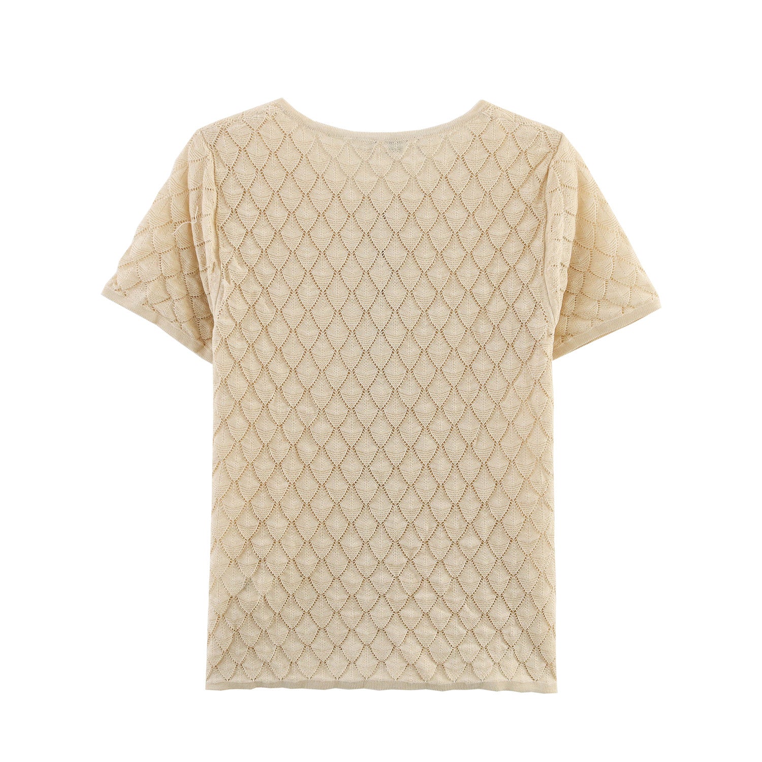 Round neck short sleeved hollow knit T-shirt top for women