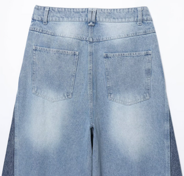 European and American style loose casual wide leg color blocked denim wide leg pants for women