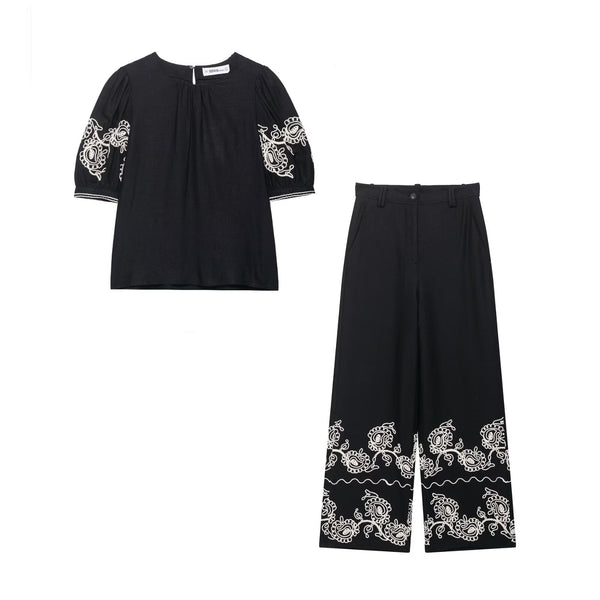 Women's European and American style round neck embroidered T-shirt+embroidered pants set