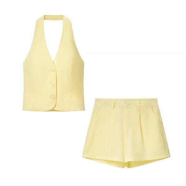 Women's European and American style V-neck hanging neck vest+casual shorts set