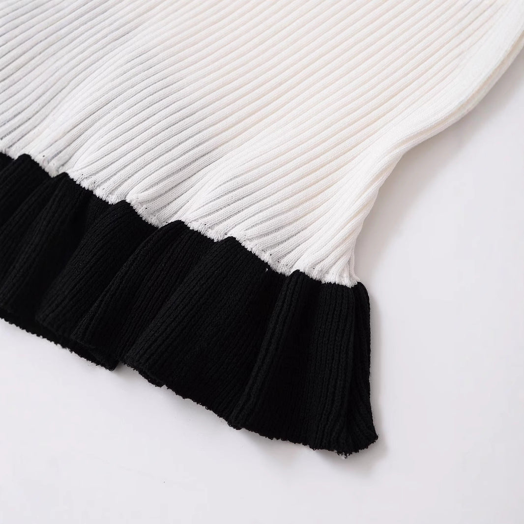 Color blocking patchwork hem knitted T-shirt top for women