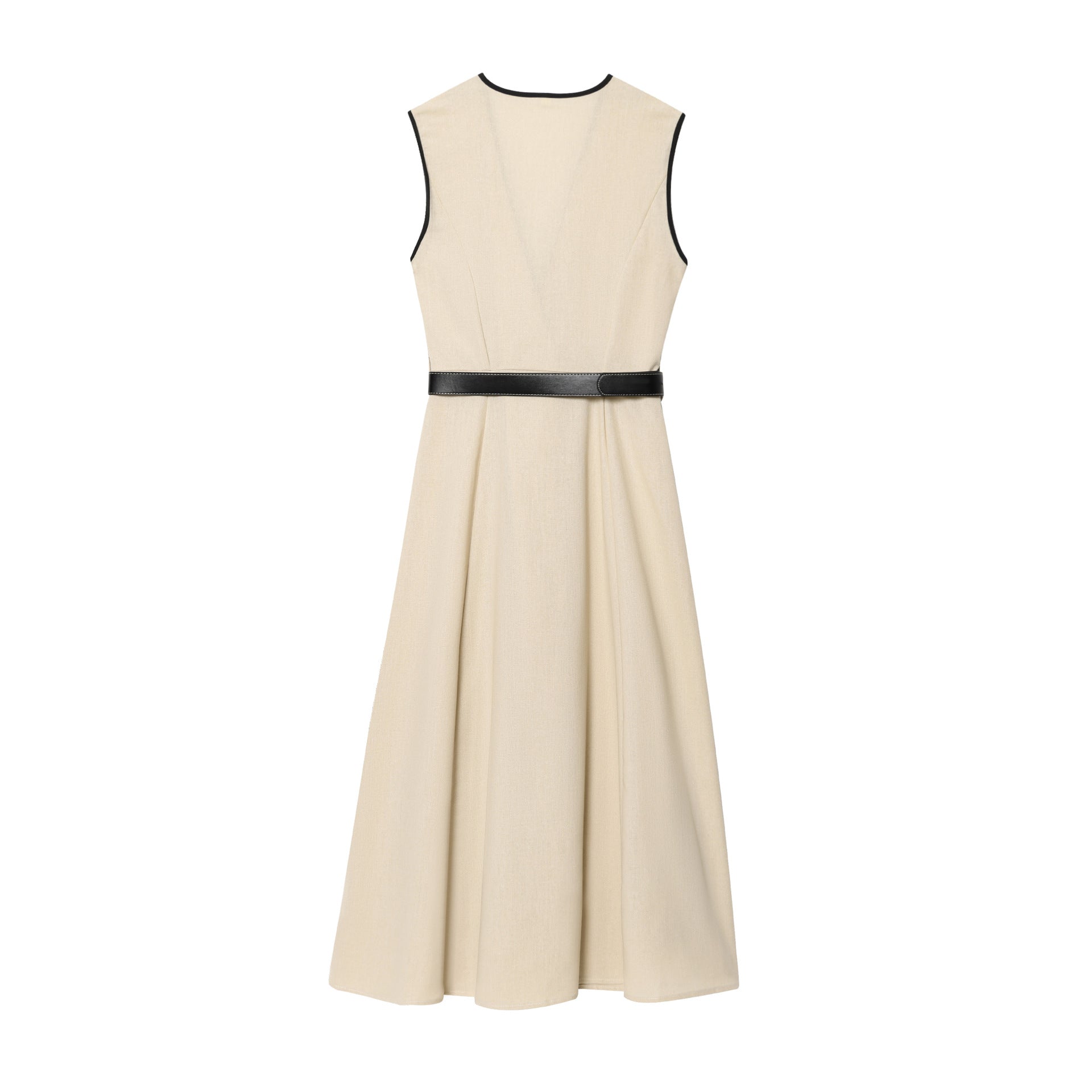V-neck sleeveless contrasting color belt vest style dress for women