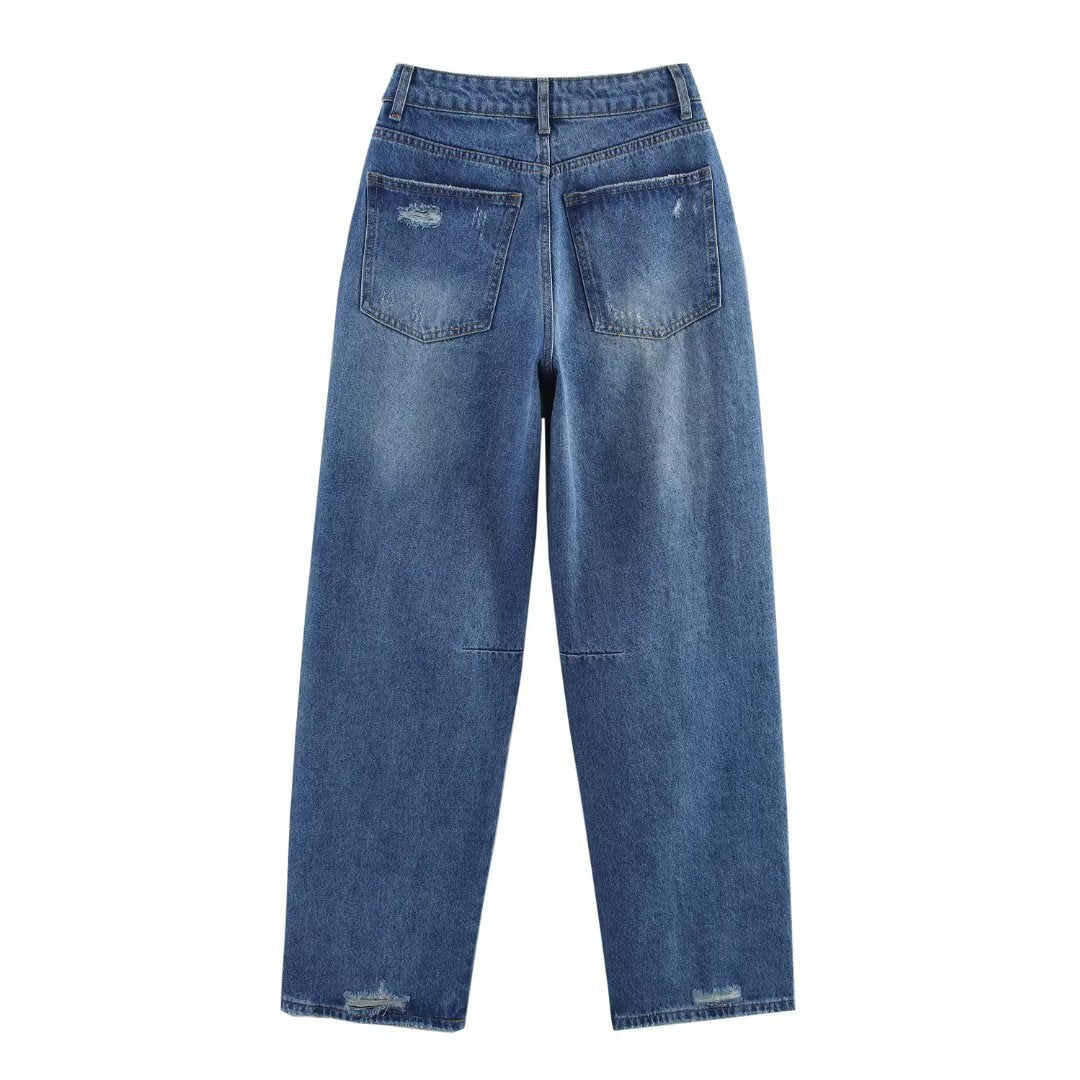 Versatile hole decoration wide leg jeans for women