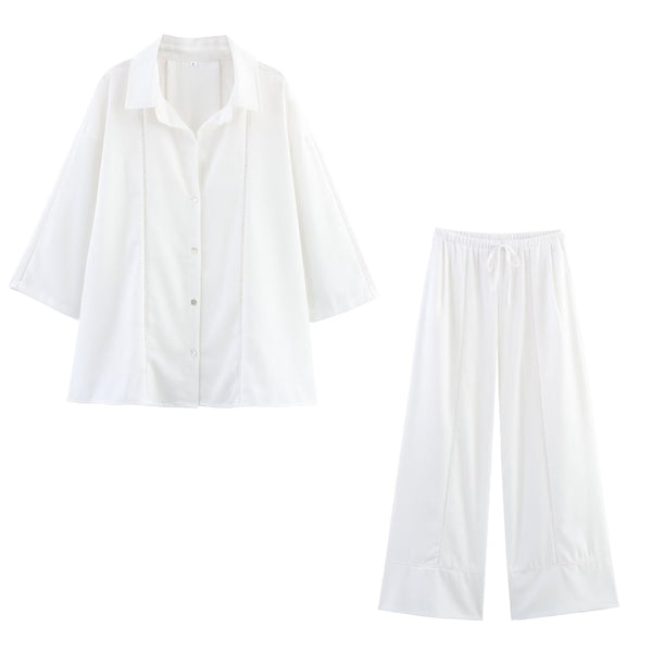 Women's European and American style long sleeved V-neck shirt+wide leg pants set