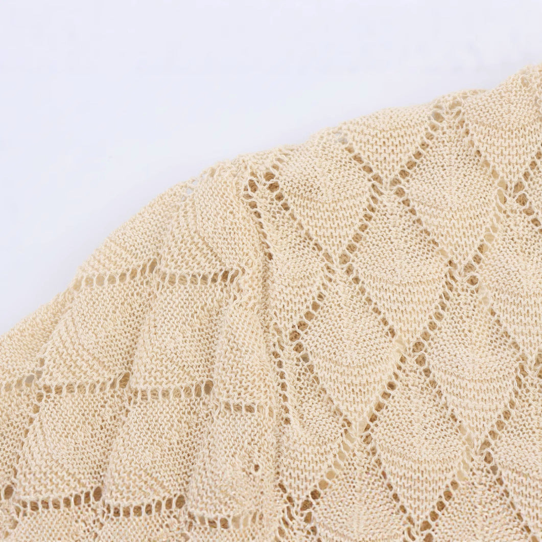 Round neck short sleeved hollow knit T-shirt top for women