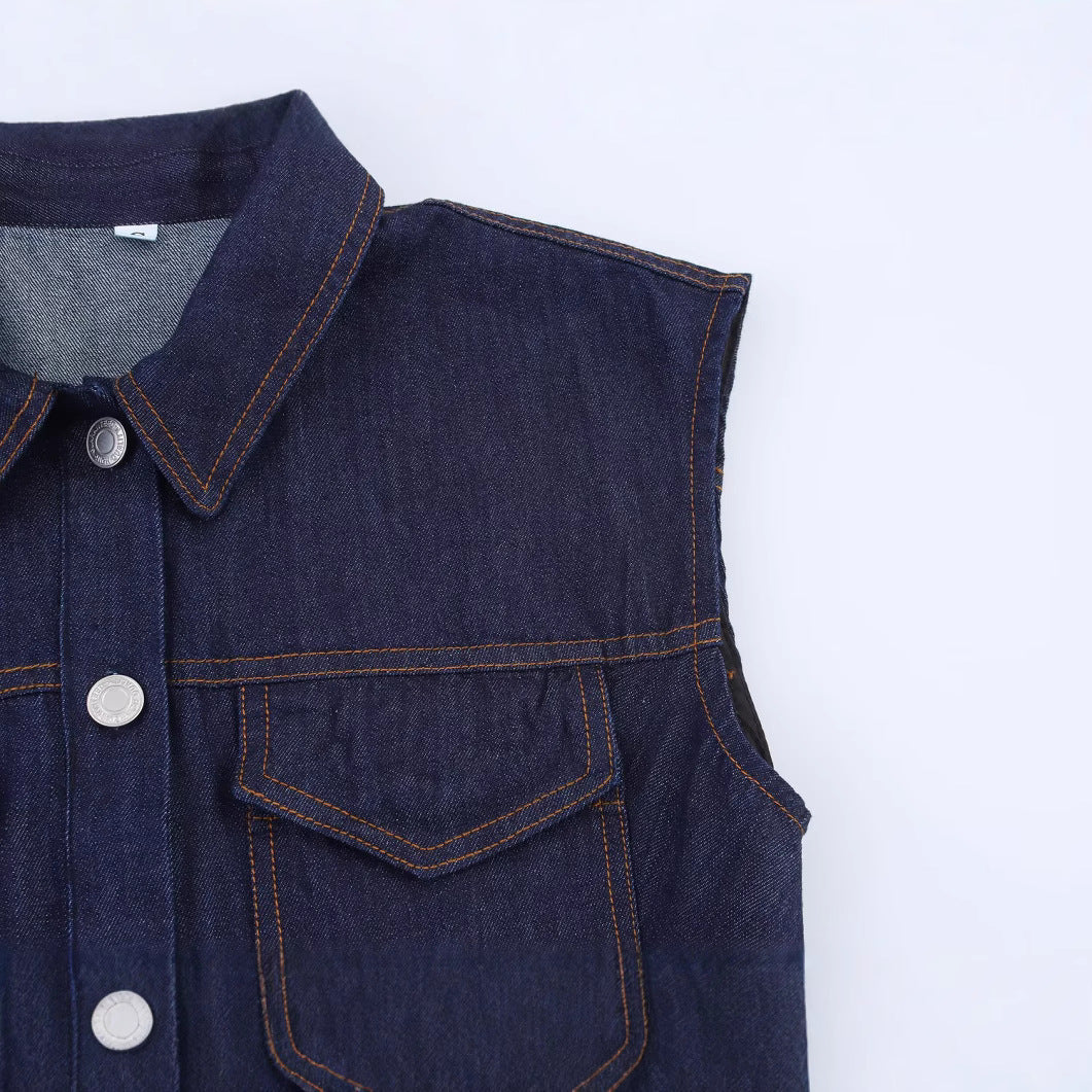 Fashionable single breasted lapel pleated Midi denim dress