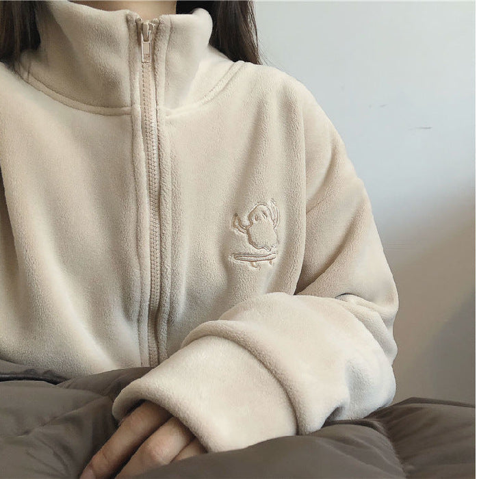 Double sided fleece jacket for women autumn and winter semi high neck zipper cardigan hoodie for women