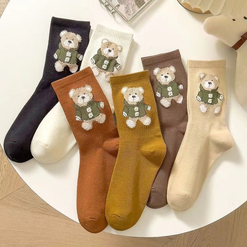 Little Bear Socks, Children's Middle Socks, Spring and Autumn Ins Trendy, Cute, Versatile, Fresh Japanese Coffee Color, Outerwear Long Socks, Autumn a