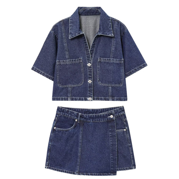 Denim top+irregular skirt and pants set for women